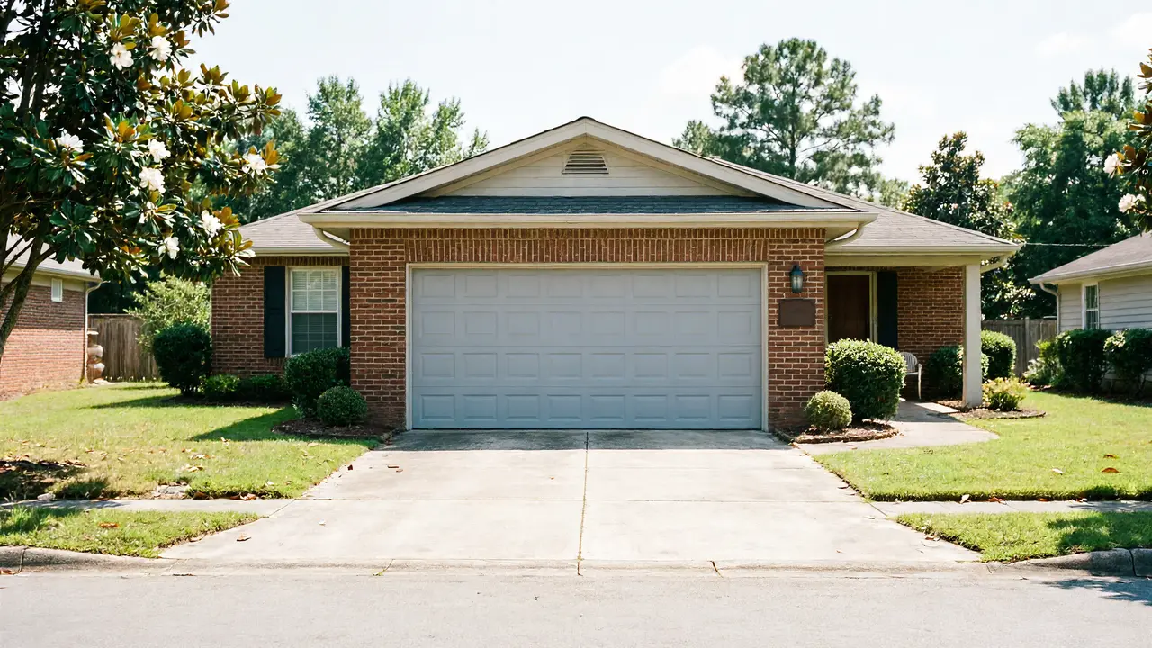The house has a light gray garage door with panels, a brick facade, and a green lawn.