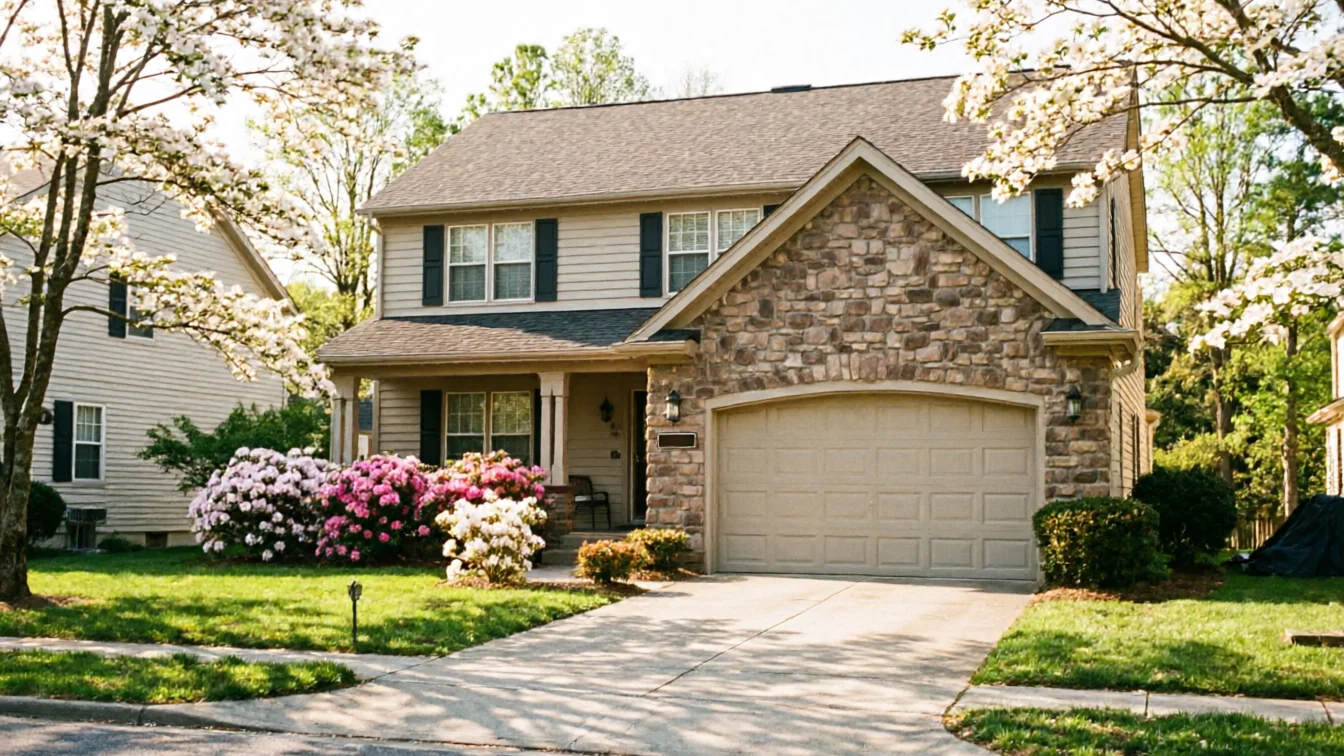 The house has a beige garage door, stone and siding exterior, and a green lawn.