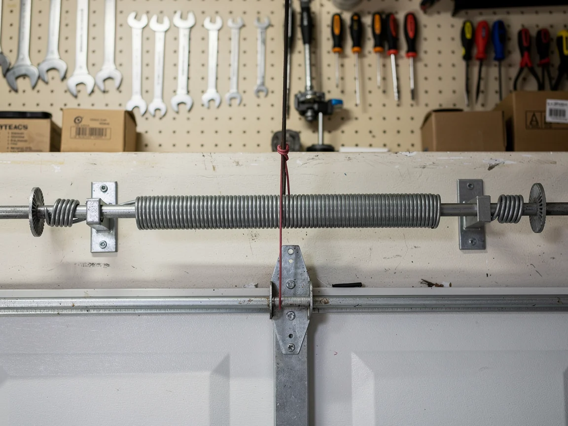 A garage door torsion spring is mounted above a white garage door panel.