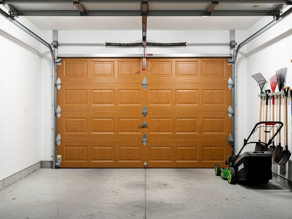 A closed brown garage door with a lawnmower and garden tools nearby.