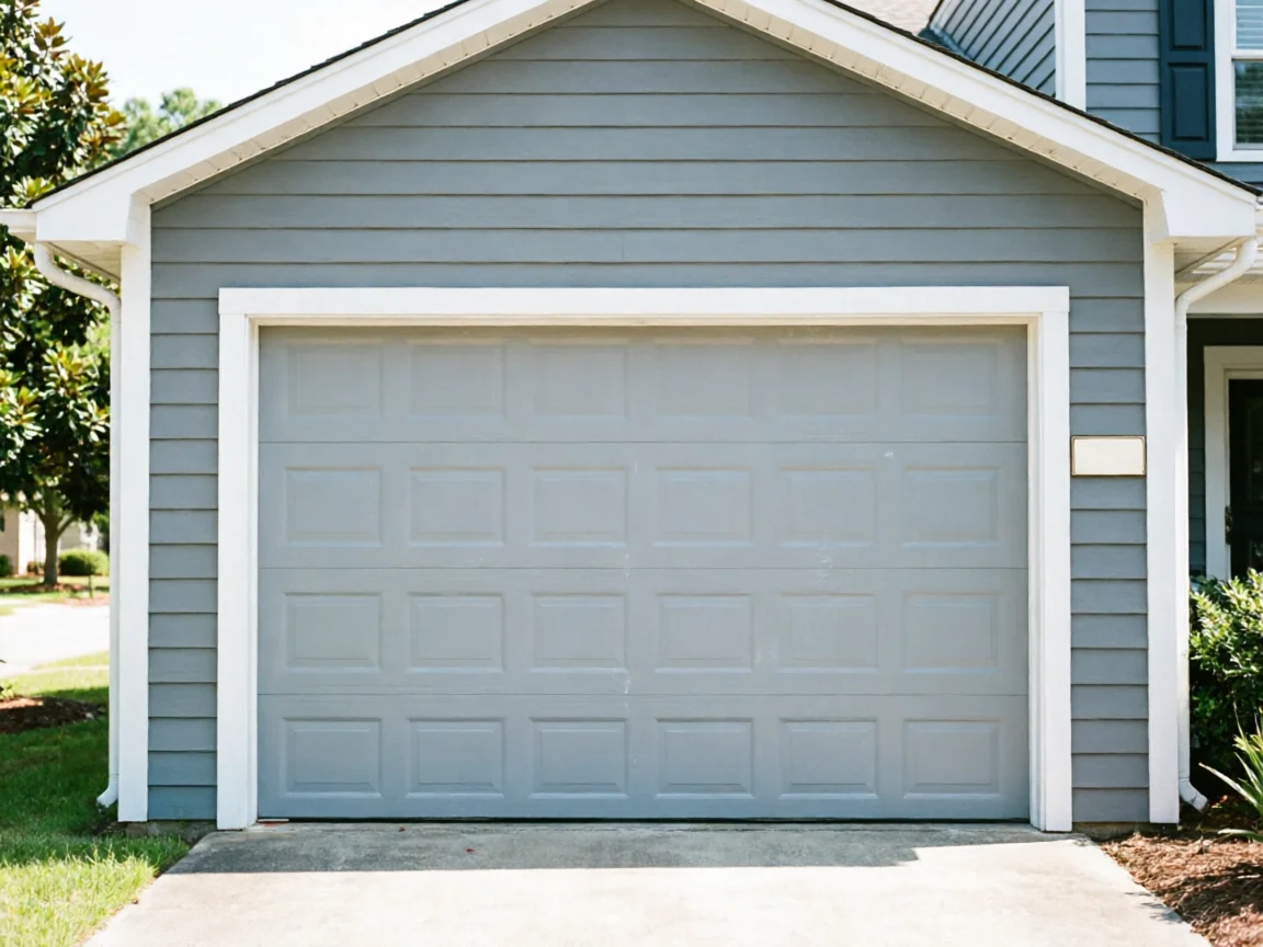 A gray garage door with white trim on a gray house with a driveway.