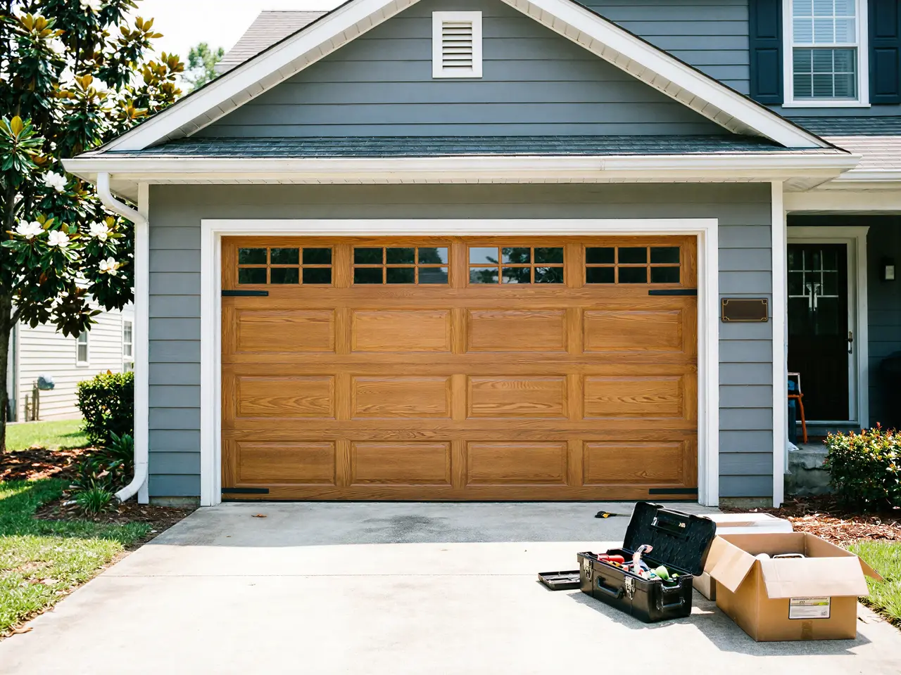 A brown wooden garage door with windows and a toolbox on the driveway.
