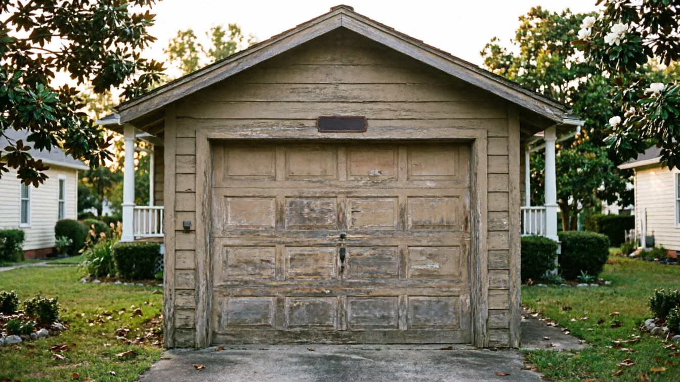 A weathered wooden garage door with peeling paint on a detached garage.