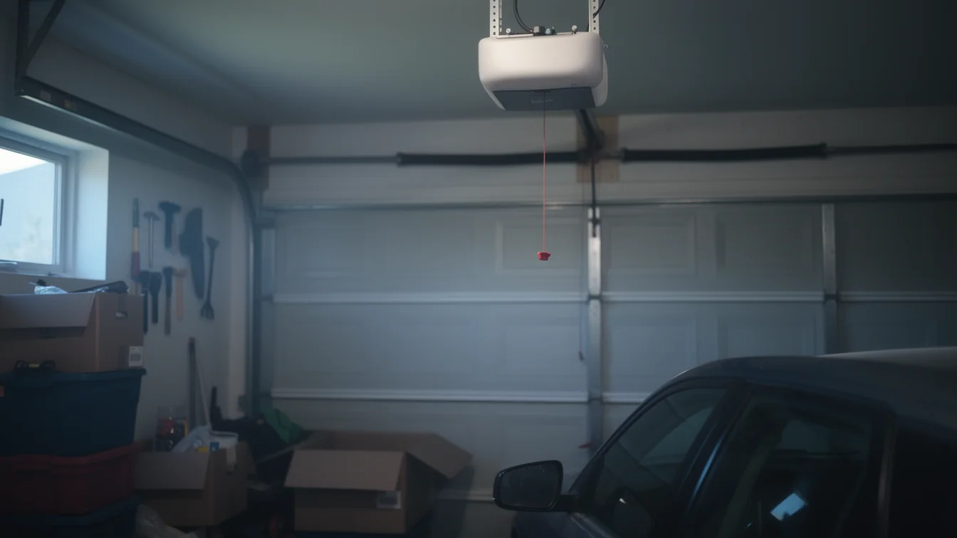 A garage door opener hangs from the ceiling above a closed garage door.
