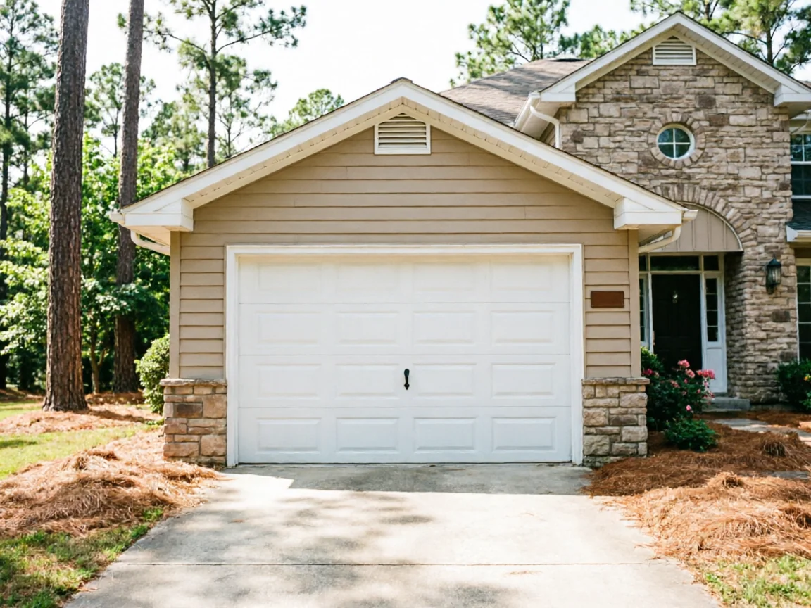 A white garage door is on a tan house with stone accents.