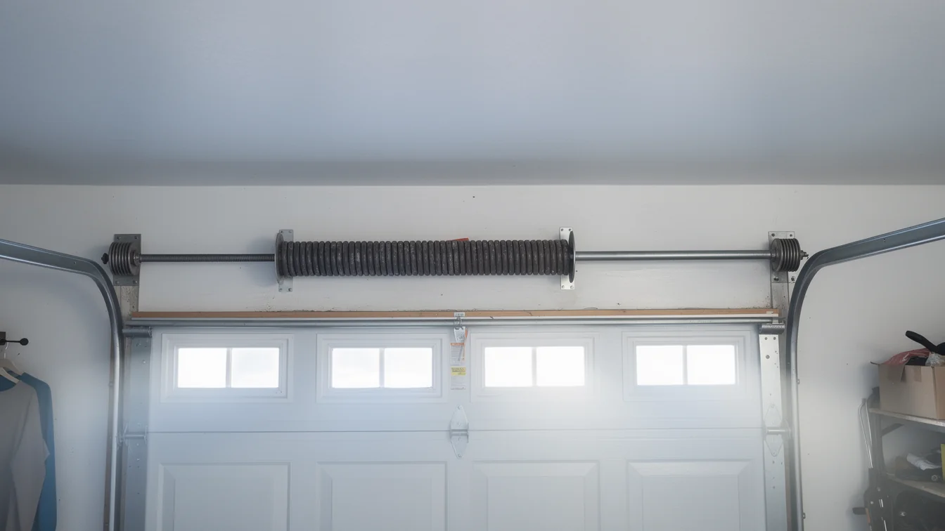 A torsion spring is mounted above a white garage door with windows.